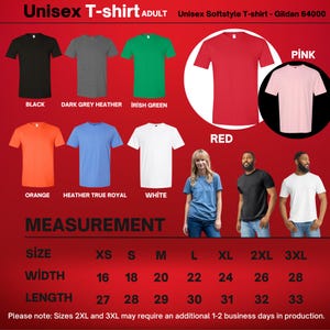 May include: A product image showcasing a variety of Gildan 64000 unisex t-shirts in various colors, including black, gray, green, red, pink, orange, blue, and white. The image also includes a size chart with measurements in inches for width and length.