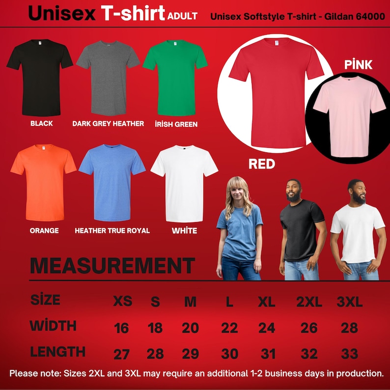 May include: A product image showcasing a variety of Gildan 64000 unisex t-shirts in various colors, including black, gray, green, red, pink, orange, blue, and white. The image also includes a size chart with measurements in inches for width and length.