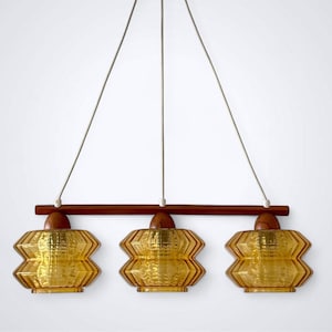 Carl Fagerlund for Orrefors – Triple Amber Glass Pendant Lamp, Mid-Century Scandinavian Lighting, Teak Bar Fixture
