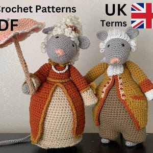 May include: Two crocheted mouse dolls, one holding a pink parasol. The mouse dolls are dressed in period clothing, one in a rust-colored dress and the other in a yellow coat. The text "2 Crochet Patterns PDF" and "UK Terms" are visible.