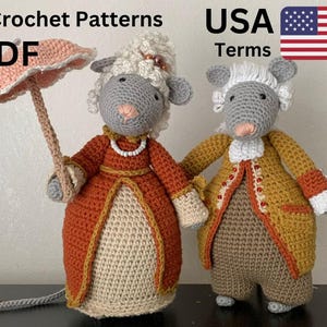 May include: Two crochet mouse dolls, one holding a pink parasol. The dolls are dressed in historical attire, one in a rust-colored dress and the other in a yellow coat. The image includes the text "2 Crochet Patterns PDF USA Terms".