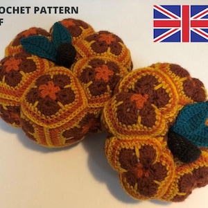 May include: A collection of crocheted items in shades of brown, orange, and yellow, with a dark teal accent. The text "CROCHET PATTERN PDF" is visible. The Union Jack flag is in the upper right corner.