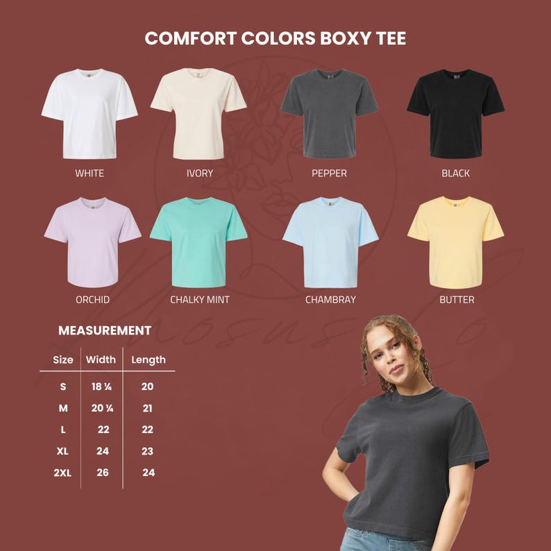 Peut inclure: Pr&eacute;sentation de t-shirts Comfort Colors Boxy dans les couleurs blanc, ivoire, poivre, noir, orchid&eacute;e, menthe crayeuse, chambray et beurre. Tailles de S &agrave; 2XL, largeurs de 46 cm &agrave; 66 cm et longueurs de 51 cm &agrave; 61 cm. Texte : "COMFORT COLORS BOXY TEE".