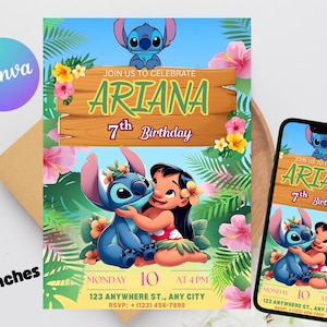 Editable Stitch Birthday Invitation, Lilo And Stitch Birthday Invite, Stitch & Lilo Girls Birthday Party Invite, Canva Instant Download