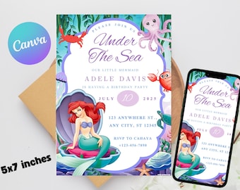 Little Mermaid Birthday Invitation, Little Mermaid Invitation, Ariel Party Invite, Under the Sea Birthday Invitation, Digital Download