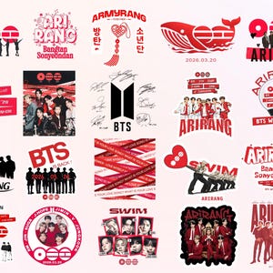 Könnte beinhalten: Eine Sammlung rot-weißer BTS-Grafiken. Designs beinhalten das BTS-Logo, Gruppenfotos und Texte wie "ARIRANG", "SWIM" und "BTS IS BACK!" Verschiedene Daten und koreanischer Text sind ebenfalls vorhanden.
