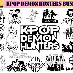 Puede incluir: Un conjunto de 36 diseños en blanco y negro con el texto "KPOP DEMON HUNTERS BUNDLE". Los diseños incluyen figuras estilizadas, logotipos y elementos de texto como "Saja Boys" y "Huntrax".