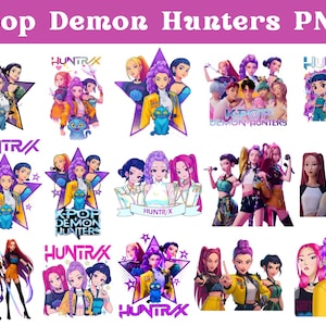 May include: A collection of Kpop Demon Hunters PNGs featuring stylized illustrations of anime-style characters. The images include various group compositions, star-shaped designs, and the text "HUNTRAX" and "KPOP DEMON HUNTERS".