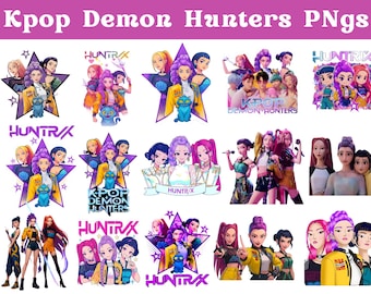 Huntrix Kpop Demon Hunters Png Bundle, Kpop Idol Group Png Design, Girl Dinner Png, Saja Boys Girls Bands Png, Huntrix Fans, Sublimation