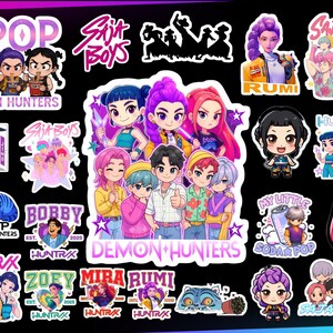 May include: A collection of colorful stickers featuring K-pop-themed illustrations. The stickers showcase various characters and groups, including "Demon Hunters," "Saja Boys," and "Huntrix." The designs incorporate vibrant colors and stylized artwork, with text elements like "Bobby" and "Rumi."
