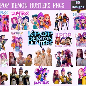 May include: A collection of KPOP DEMON HUNTERS PNGS, featuring various designs of anime-style characters. The images showcase groups of girls in dynamic poses, with vibrant colors and the text "HUNTRX" and "KPOP DEMON HUNTERS". The image includes 60 designs.