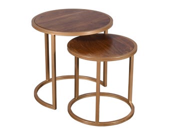 Round Nest Of Two Tables, Solid Mango Wood, Black Metal, 58cm x 55cm x 55cm, Fully Assembled