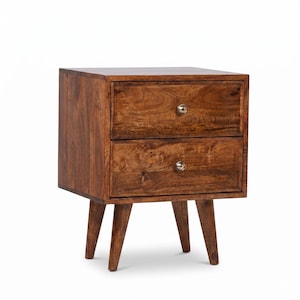 May include: A square wooden nightstand featuring a rich brown grain finish, two stacked drawers with small circular silver-toned metal knobs, and four tapered legs that extend outward from the base of the cabinet frame.