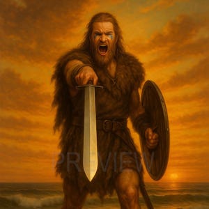 以下が含まれることがあります： 夕焼けのビーチにいるバイキングの戦士のイラスト。戦士は剣と盾を持ち、激しい表情をしています。画像はオレンジと茶色の暖色系の色合いです。