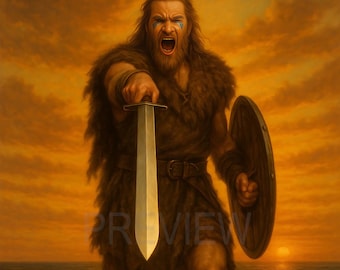 Lámina artística de guerrero vikingo: feroz guerrero nórdico con espada y escudo (descarga digital)