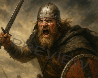Lámina artística de batalla de guerrero vikingo: Fantasía histórica nórdica (descarga digital)