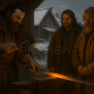 May include: A blacksmith forges a sword in a workshop. The scene depicts three men, one hammering a glowing blade on an anvil. The other two men are watching. The setting is a snowy, rustic environment, with a wooden building in the background.