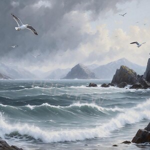 May include: An oil painting depicts a stormy seascape with crashing waves and soaring seagulls. The sky is overcast with dark clouds, and rocky cliffs line the shore. The color palette is dominated by shades of gray, blue, and white.