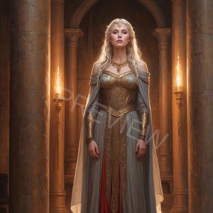May include: Digital illustration of a woman in a gold and grey gown, standing in a grand hall. The gown features gold accents and a red underskirt. The image is labelled "FREYJA VIKING GODDESS OF LOVE."