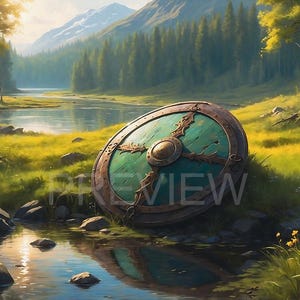 以下が含まれることがあります： 緑色の中心とブロンズ色の縁取りが施された、丸く風化した盾が、小川のそばの草が生い茂る土手に置かれています。 盾のデザインは、精巧な金属細工が特徴です。 背景には、森、山、湖が含まれています。