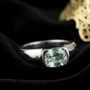 Green Amethyst Cushion Cut East-West Ring, Sterling Silver Wide Band