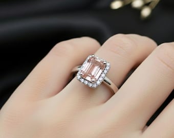 The Peach Bloom" Morganite Ring - Emerald Cut with Diamond Halo - Sterling Silver