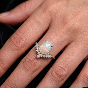 Faceted White Fire Opal Ring  Chevron Curved Wedding Band