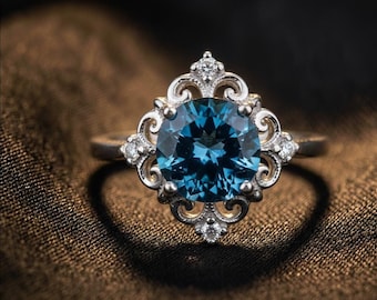 London Blue Topaz Ring, Vintage Inspired Filigree Engagement Ring