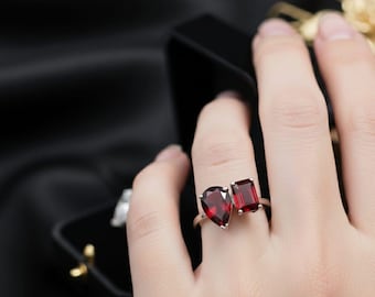 Garnet Toi et Moi Ring, Sterling Silver Dual Stone Ring
