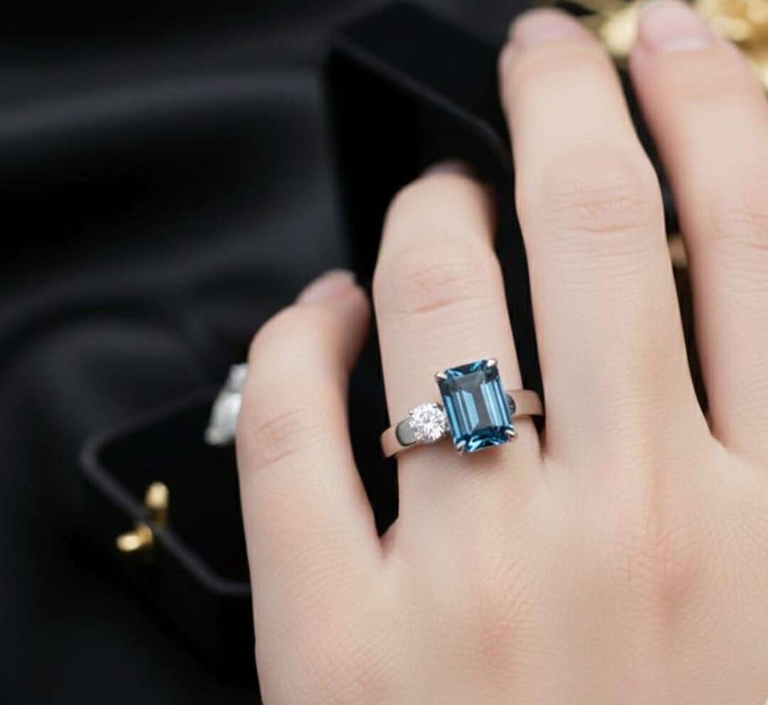 Emerald Cut London Blue Topaz & Moissanite Sterling Silver Ring - Etsy