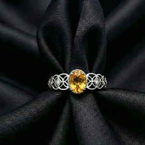 7×9 MM Oval Citrine Ring | Sterling Silver Filigree Band | Detailed Celtic-Inspired Setting