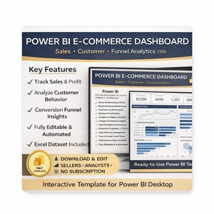 Op de afbeelding: Een sjabloon voor een Power BI E-Commerce Dashboard. Belangrijkste kenmerken zijn het volgen van verkoop en winst, het analyseren van klantgedrag en inzichten in de conversietrechter. Volledig bewerkbaar en geautomatiseerd.