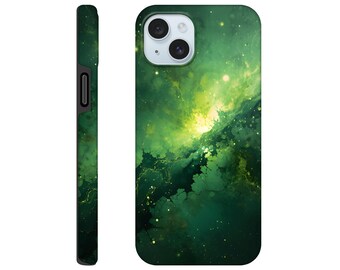 May include: A smartphone case featuring a vibrant green and yellow nebula design. The case has a glossy finish and a black border. The camera and flash are visible on the top left corner. The case is designed to protect the phone from scratches and impacts.