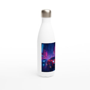 May include: White insulated water bottle with a silver cap. The bottle features a vibrant image of two sports cars racing down a city street at night, with neon lights and a futuristic aesthetic.