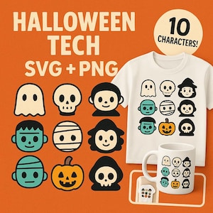 Op de afbeelding: Oranje achtergrond met de tekst "HALLOWEEN TECH SVG + PNG" en "10 CHARACTERS!". Een wit t-shirt en een mok tonen Halloween-personageontwerpen. De ontwerpen omvatten geesten, schedels en andere spookachtige figuren.