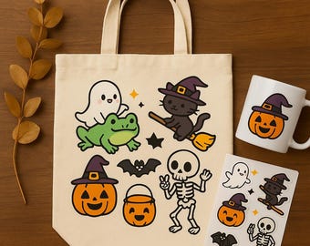 Kawaii Halloween Clipart Bundle: Ghost, Frog, Cat PNG SVG (Digital Download)
