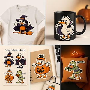 Op de afbeelding: Een verzameling Halloween-producten met cartoon-eenden. Bevat een wit t-shirt, een zwarte mok, stickers, een notitieboek, een draagtas en een oranje kussen. De eenden zijn verkleed als heks, vampier en pompoen, met de tekst "Funny Halloween Ducks".