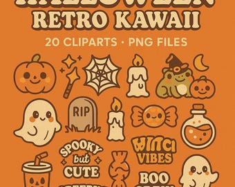 Retro Kawaii Halloween Clipart Bundle: PNG & SVG, 20 Designs (Digital Download)