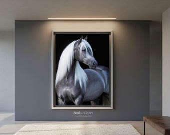 Pferde Fine Art Portrait – Elegantes graues Pferd, digitale Wandkunst, Pferdeliebhaber Geschenk, digital Print, Portrait silber