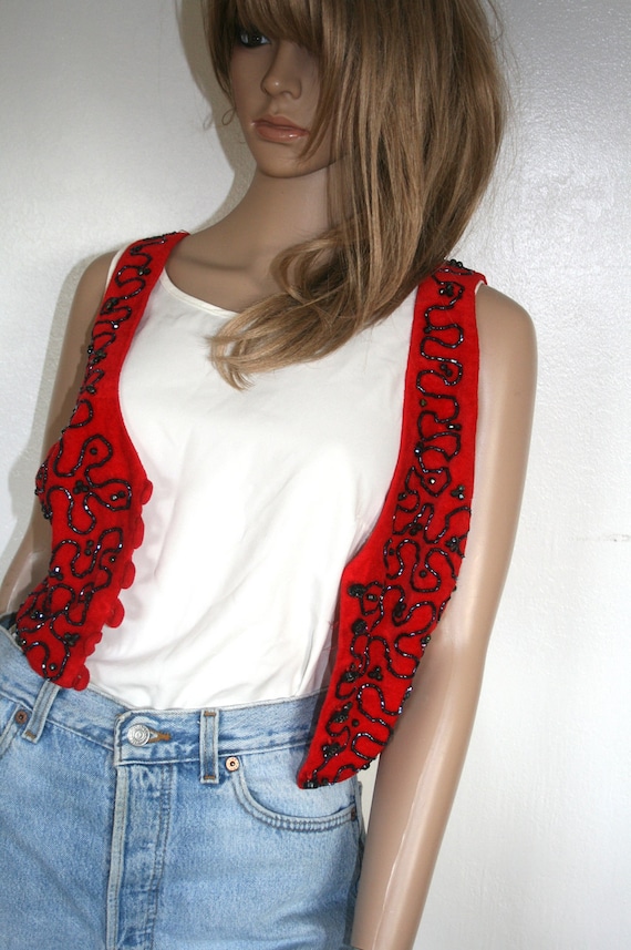 Red Beaded Velvet Vest