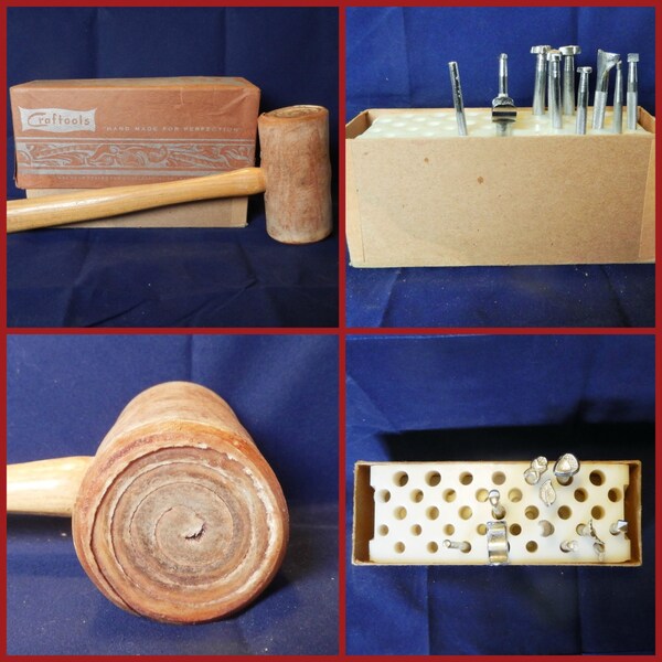 1960's Tandy Leather craft tool set, Leather mallet, nine stamps, Swivel blade, Punch and Holder, Original box, Made in US, Fort Worth Texas