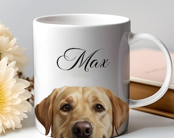 May include: White ceramic mug featuring a close-up of a yellow Labrador Retriever's face. The name "Max" is written in elegant black script above the dog's head. The mug has a curved handle.