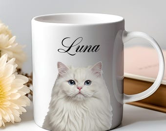 Personalised Persian Cat Mug Custom Name, Fluffy Kitten Design