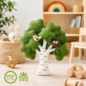 Filtträdsmönster PDF & SVG – Montessori filtleksaksmönster – Aspträd med fågel och bo – Enkel gör-det-själv 3D-plyschprydnad