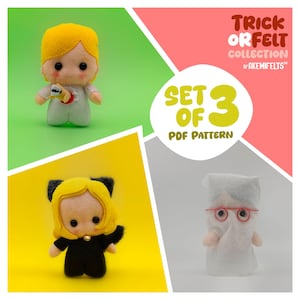 May include: A set of three felt doll patterns. The dolls include a blonde-haired figure with a shark, a doll with a black outfit and yellow hair, and a ghost-like figure with glasses. The text reads "Trick or Felt Collection" and "Set of 3 PDF Pattern."