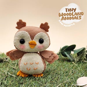 Könnte beinhalten: Eine handgefertigte Eule aus Filz mit braunen, cremefarbenen und orangefarbenen Akzenten. Die Eule hat große schwarze Augen, eine cremefarbene Brust und kleine Flügel. Der Text "TINY WOODLAND ANIMALS *pdf pattern*" ist in einer Wolkenform.