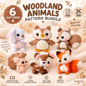 Può includere: Un pacchetto di modelli digitali per 6 animali del bosco tra cui un coniglio, un gufo, uno scoiattolo, un riccio, un cervo e una volpe. L'immagine presenta il testo 6 PATTERNS, WOODLAND ANIMALS PATTERN BUNDLE, PDF, SVG, Beginner Friendly.