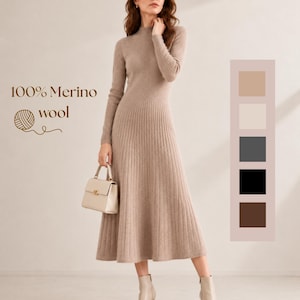 May include: A long-sleeved, ribbed midi dress in a light beige colour, featuring a mock neck and a flared skirt. The text 100% Merino wool is displayed alongside a yarn ball icon, with a colour palette sidebar and the text SUMU BOUTIQUES below.