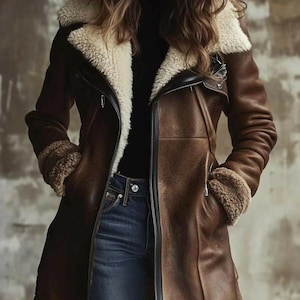Puede incluir: Un abrigo de cuero marrón con cuello y puños de borrego color crema. El abrigo tiene cierre de cremallera y corte entallado. La modelo lleva vaqueros azules y un top negro. Una prenda de abrigo elegante.