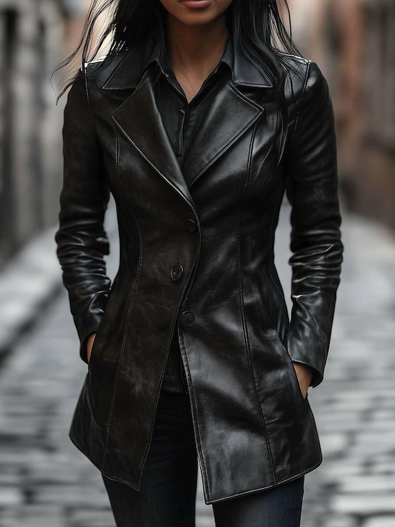 Women's Black Genuine Lambskin Leather Slim Fit Jacket | Vintage Double Breasted Blazer Coat